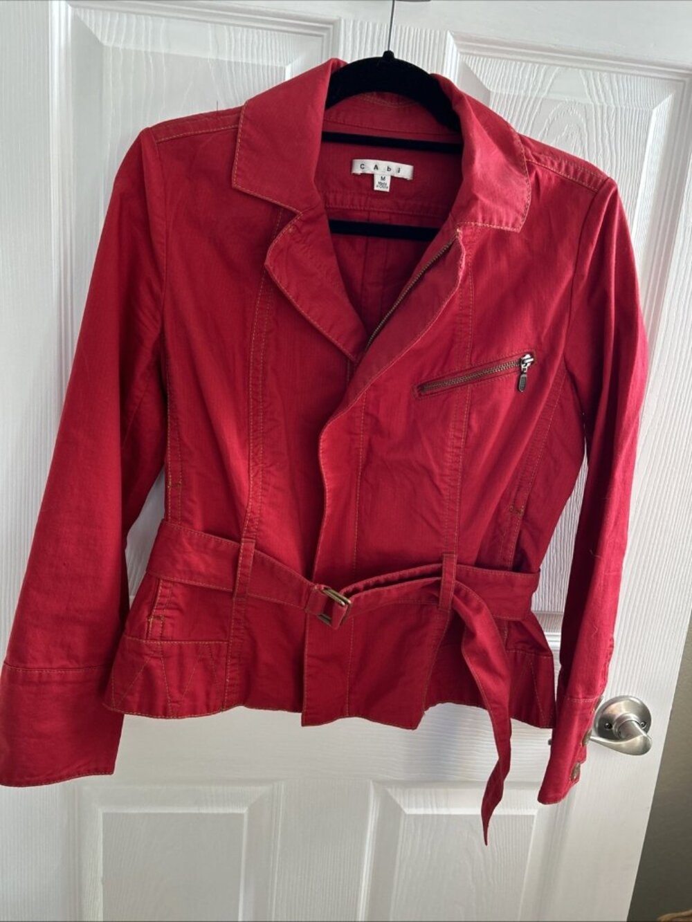 Cabi First Mate Jacket Womens Red Nautical Belted Short Pockets Size Medium EUC
